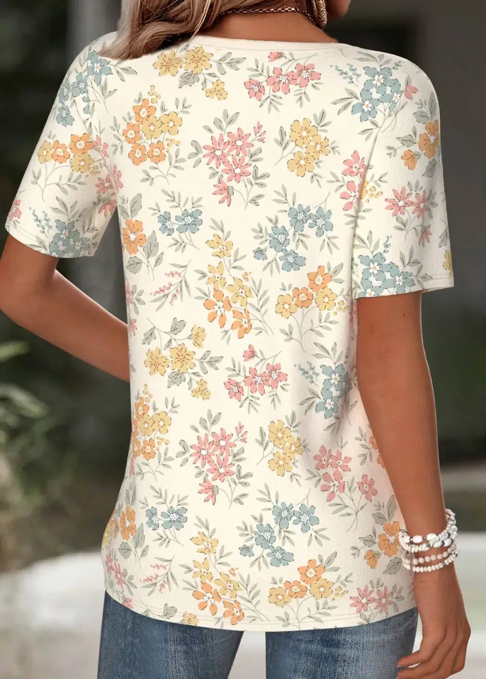 Beige Floral Print Short Sleeve Split Neck T Shirt