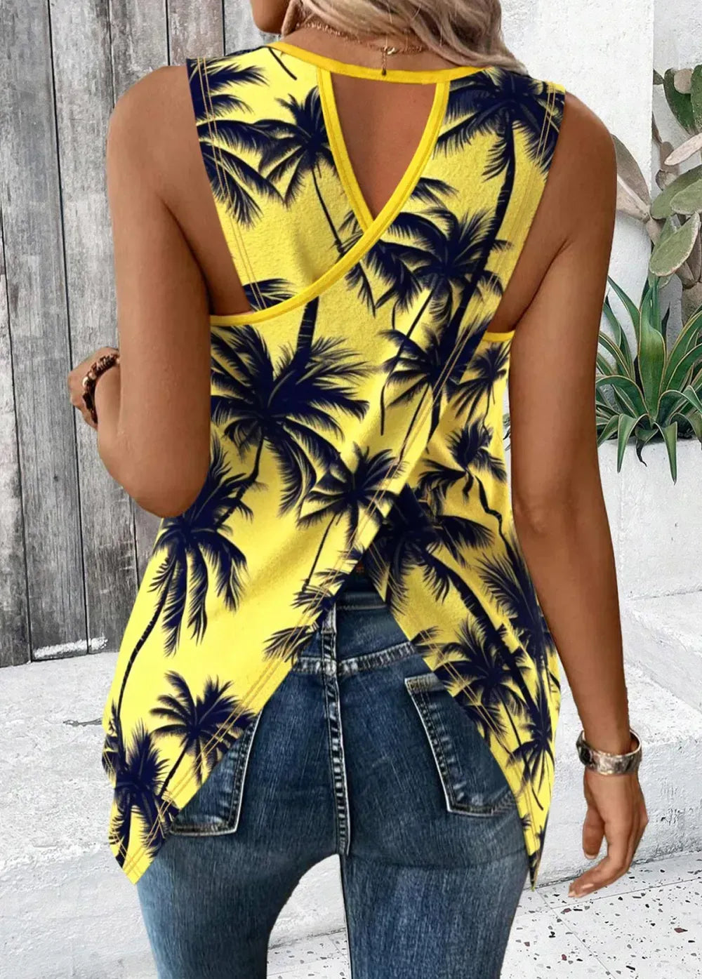 Neon Yellow Tropical Plants Print Sleeveless Tank Top