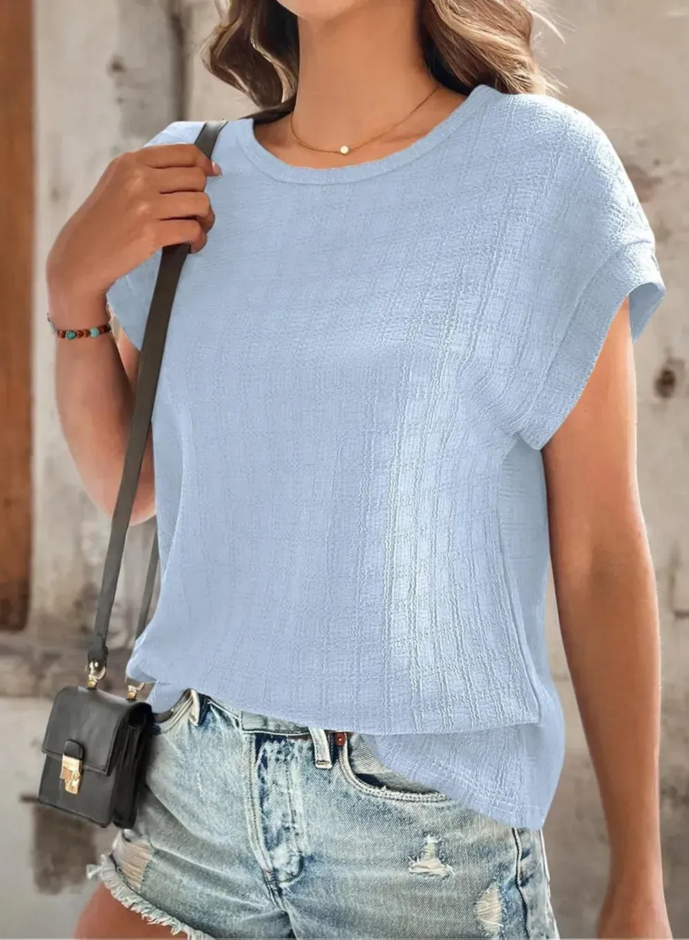 Dokotoo Tops for Women Trendy Summer Casual Cap Short Sleeve Basic Textured Solid Color Round Neck T Shirts Blouse