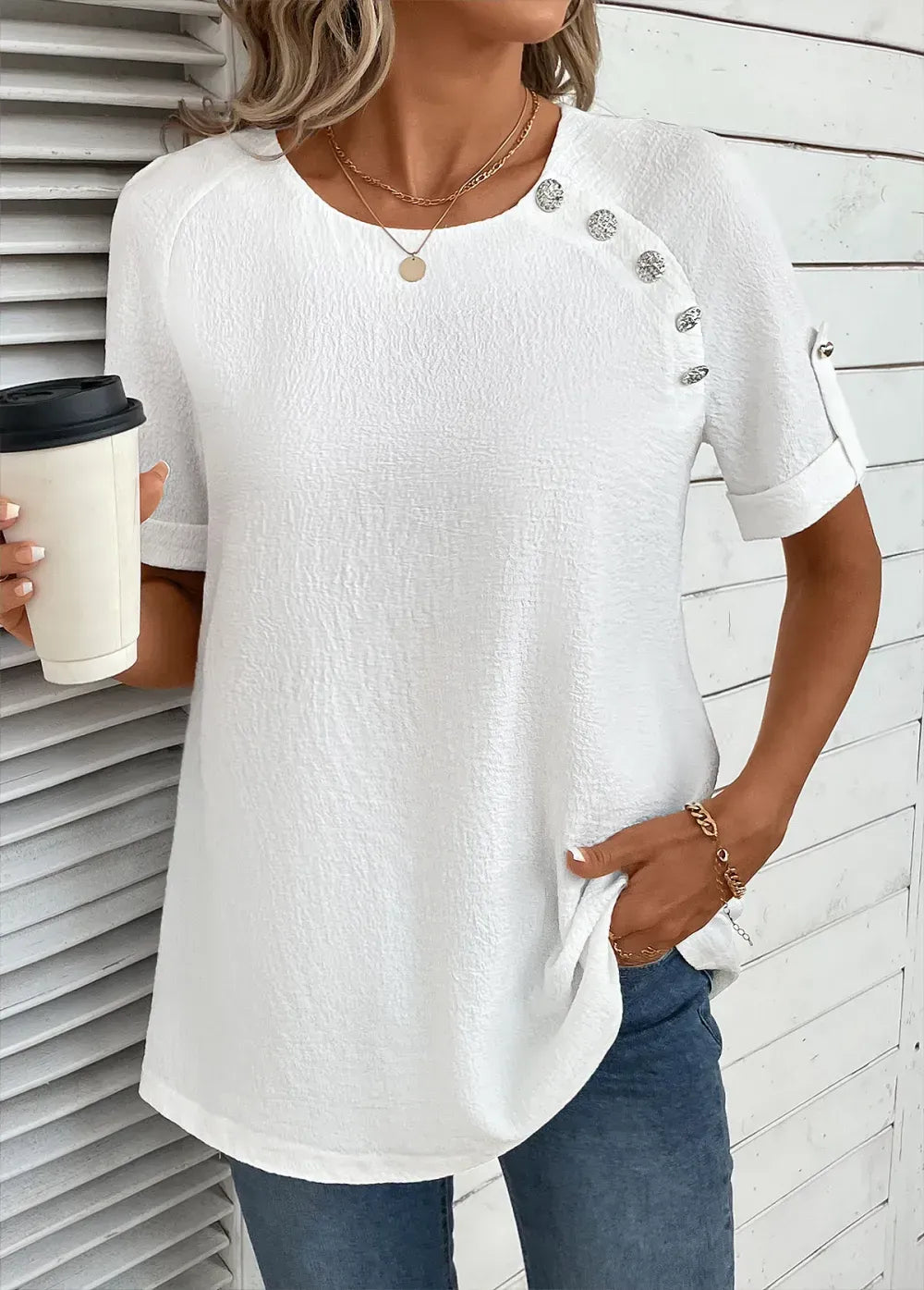 Bleaching White Button Short Sleeve Round Neck Blouse
