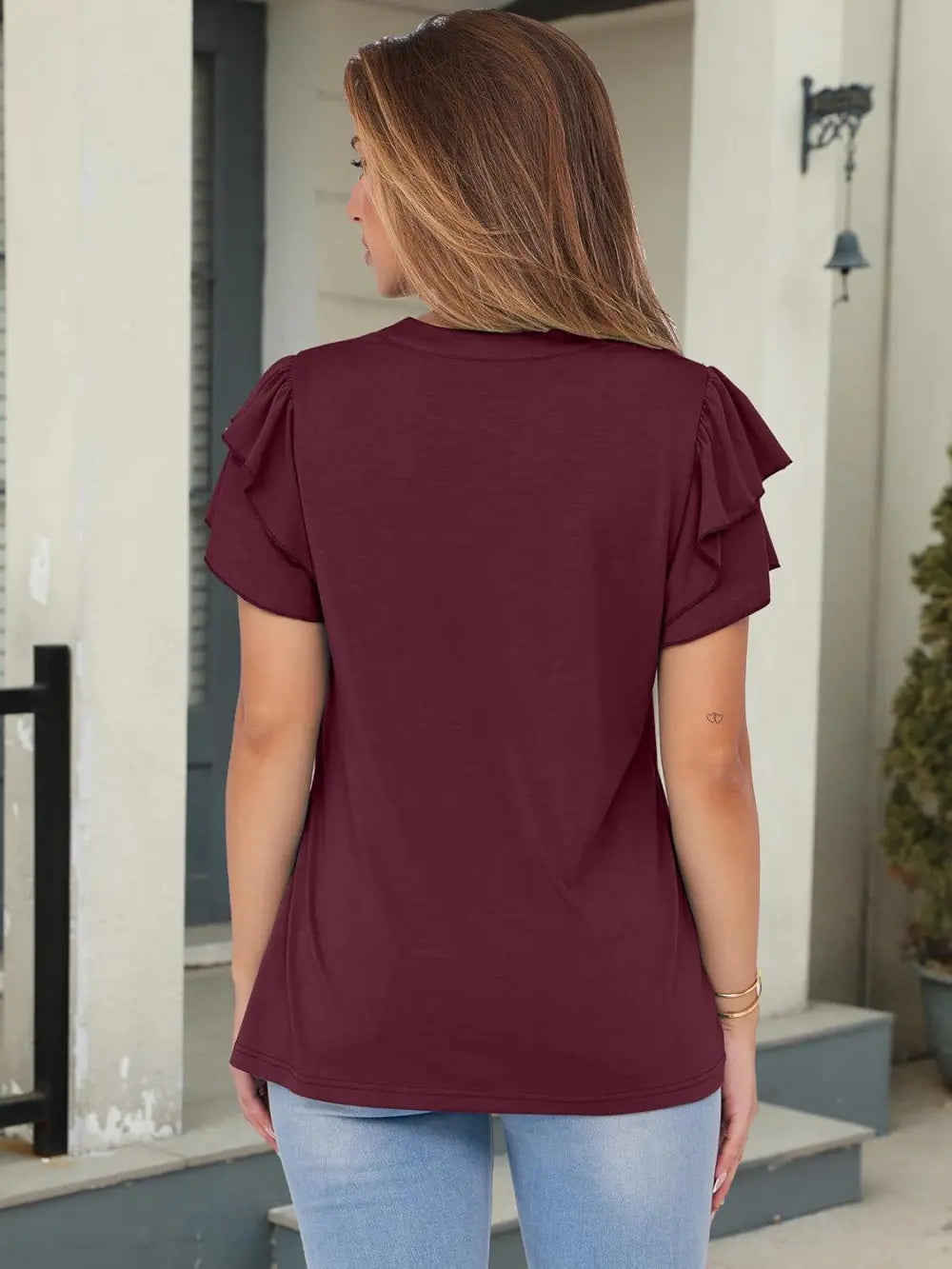 ANRABESS Womens Tops Dressy Casual Ruffle Short Sleeve V Neck Blouses Summer Button Down Business Work Elegant Shirts