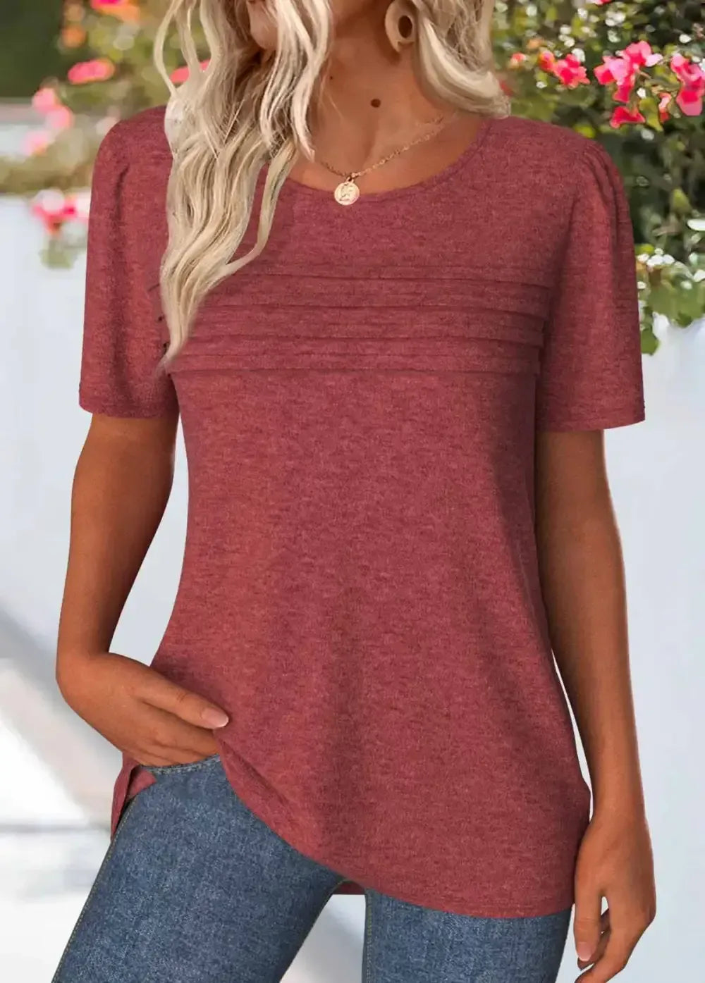 Brick Red Tuck Stitch Short Sleeve T Shirt