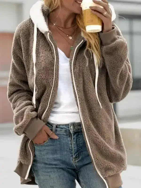 Zipper Up Drawstring Hooded Loose Plush Jacket(⚡Clearance Sale)