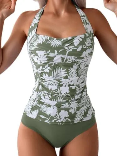 Womens Halter Ruched Tummy Control Two Piece Tankini Set