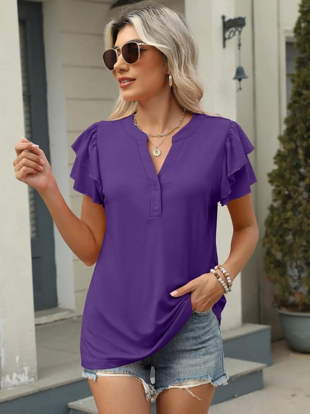 ANRABESS Womens Tops Dressy Casual Ruffle Short Sleeve V Neck Blouses Summer Button Down Business Work Elegant Shirts