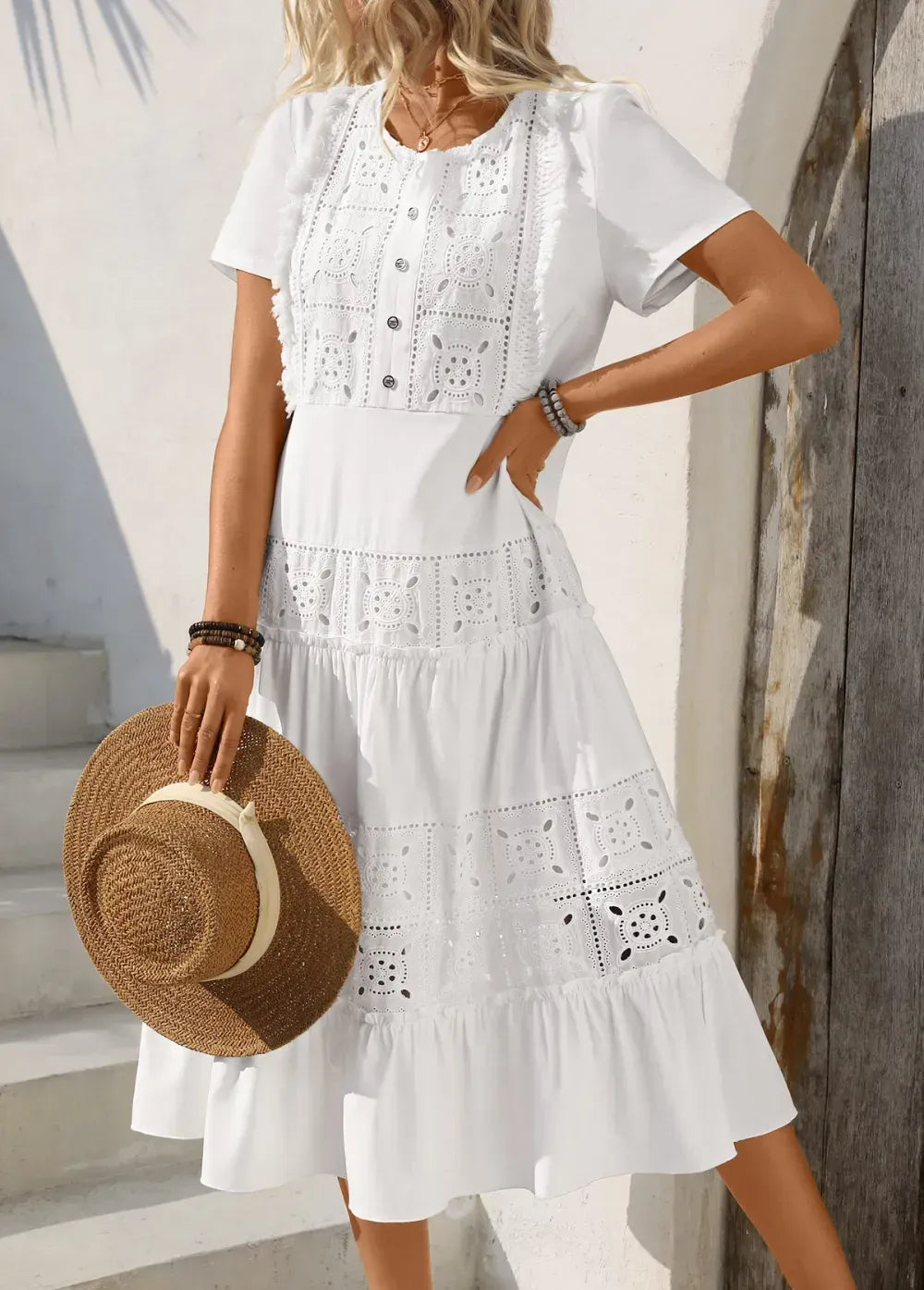 White Embroidery Short Sleeve Round Neck Dress