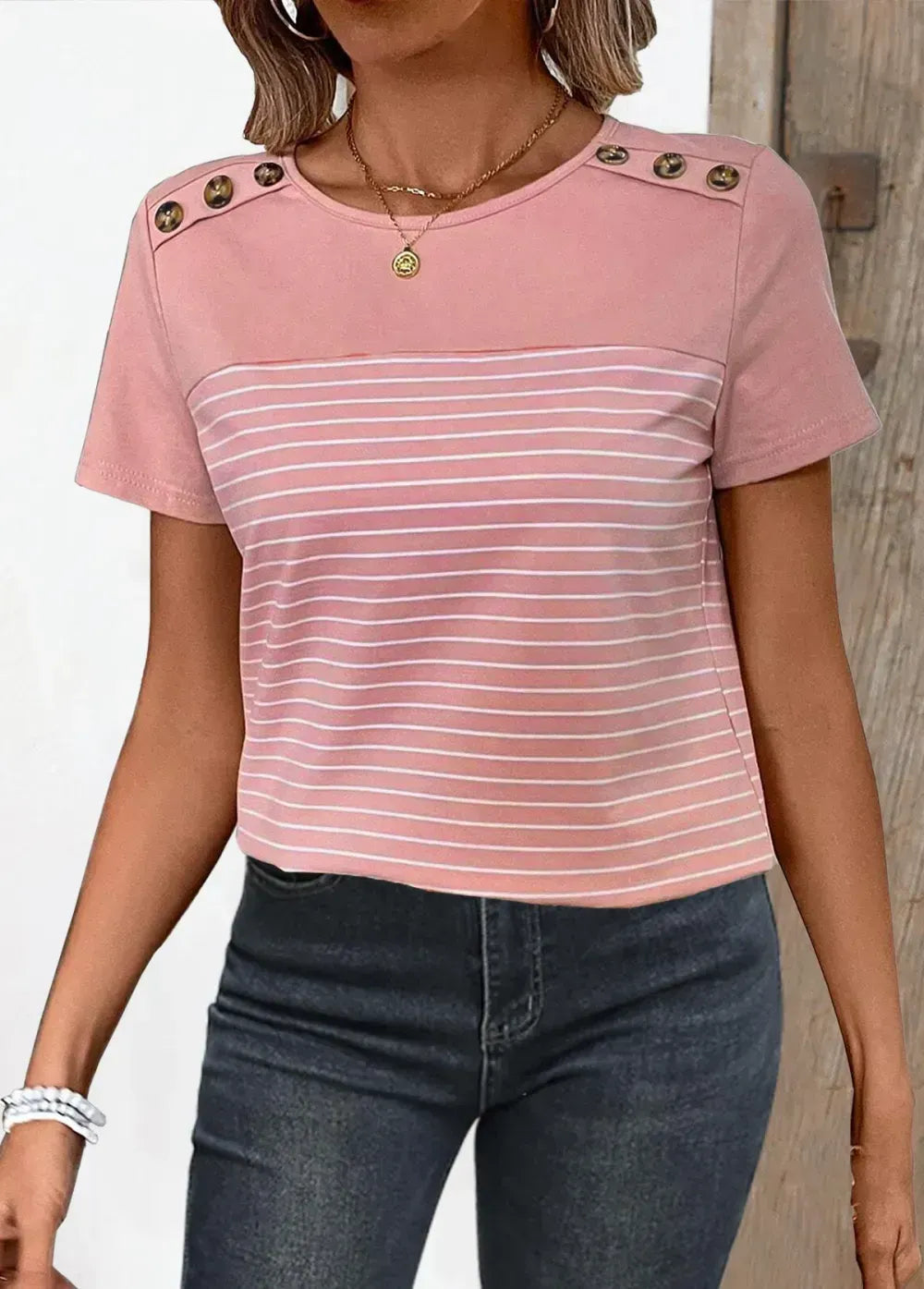 Dusty Pink Patchwork Striped Short Sleeve T Shirt