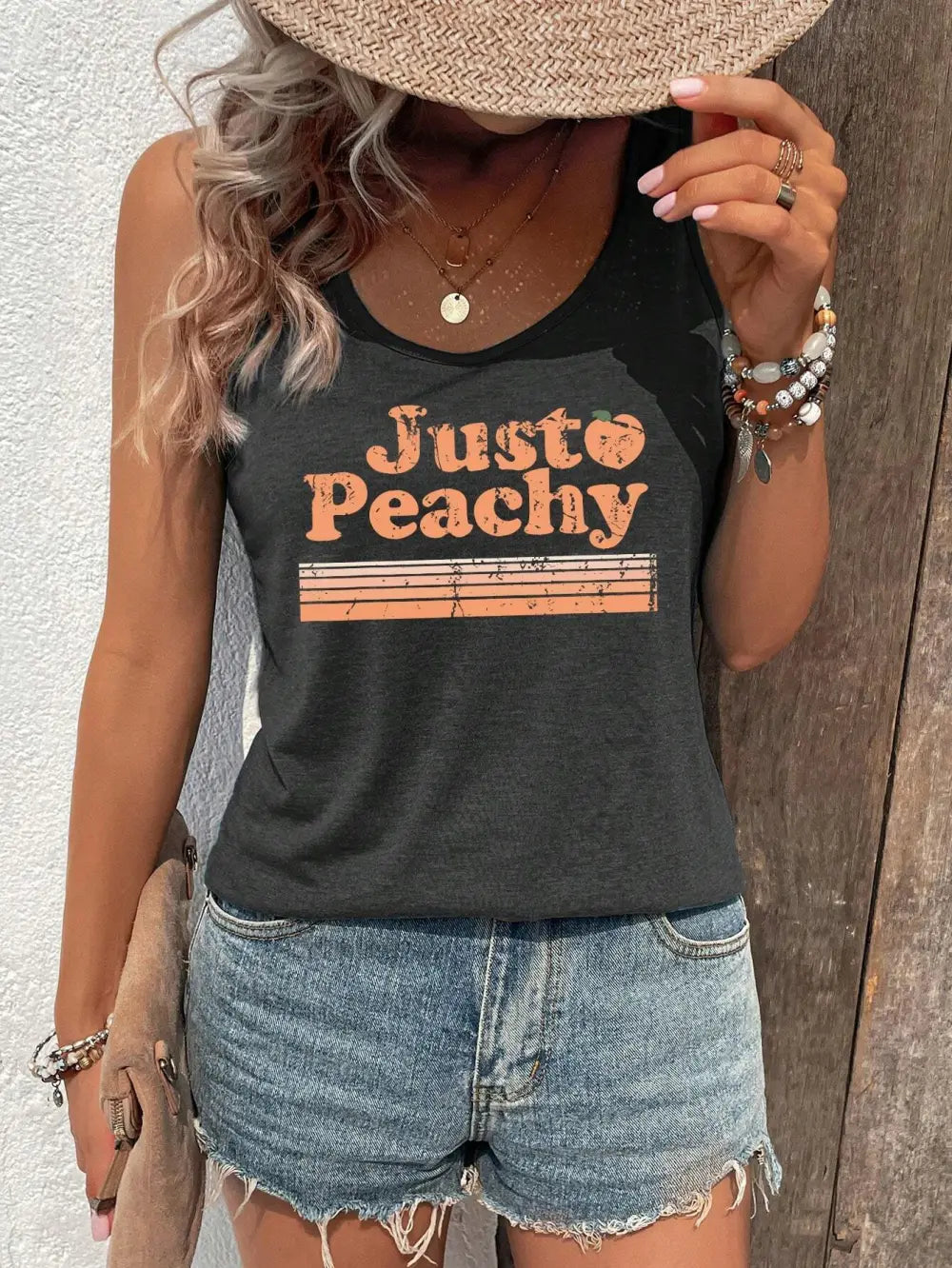 INAWLY Women Colorful Printed Sleeveless Tank Top With Words Just Peachy Graphic Tees Women Tops