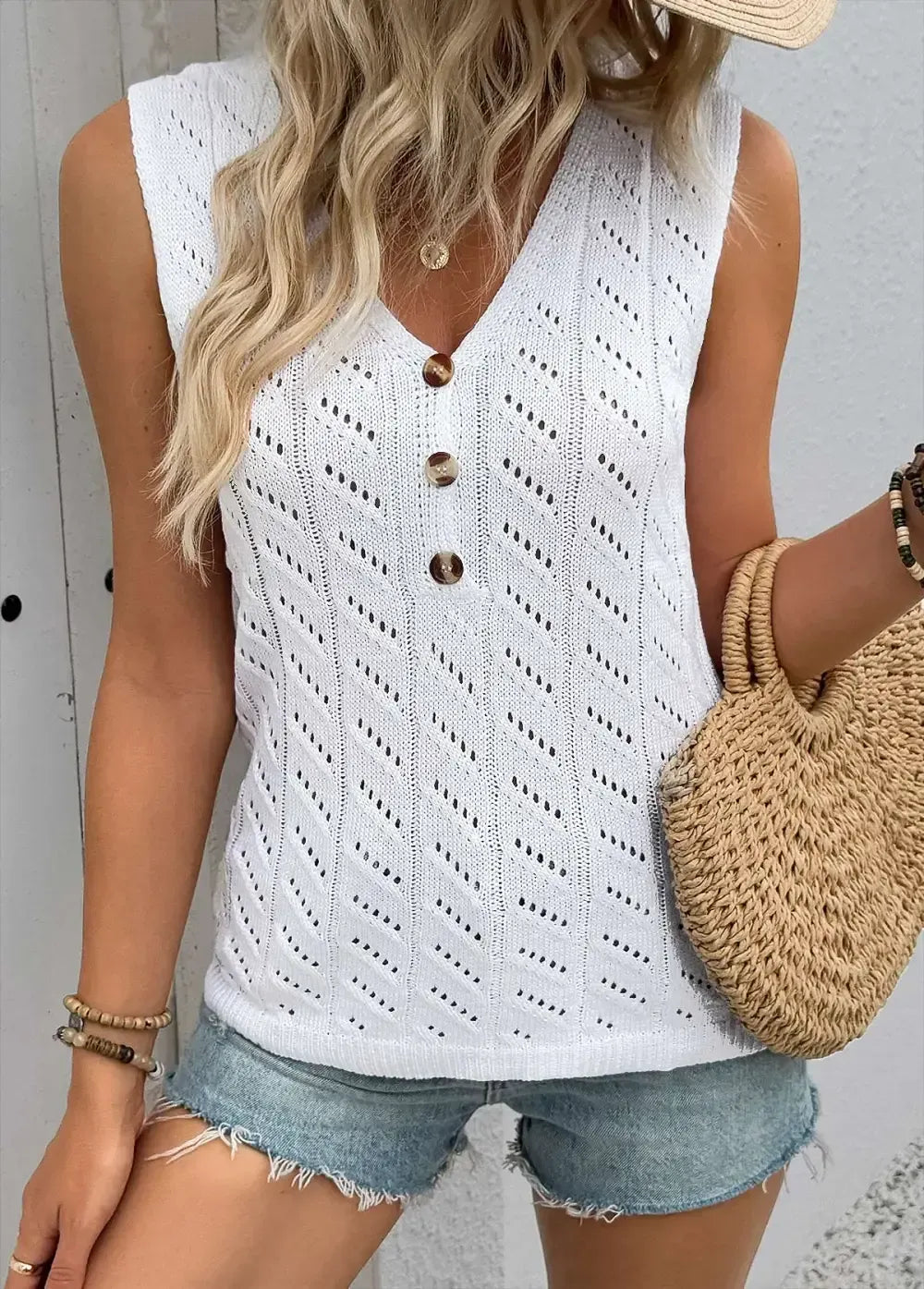 White Sleeveless V Neck Tank Top