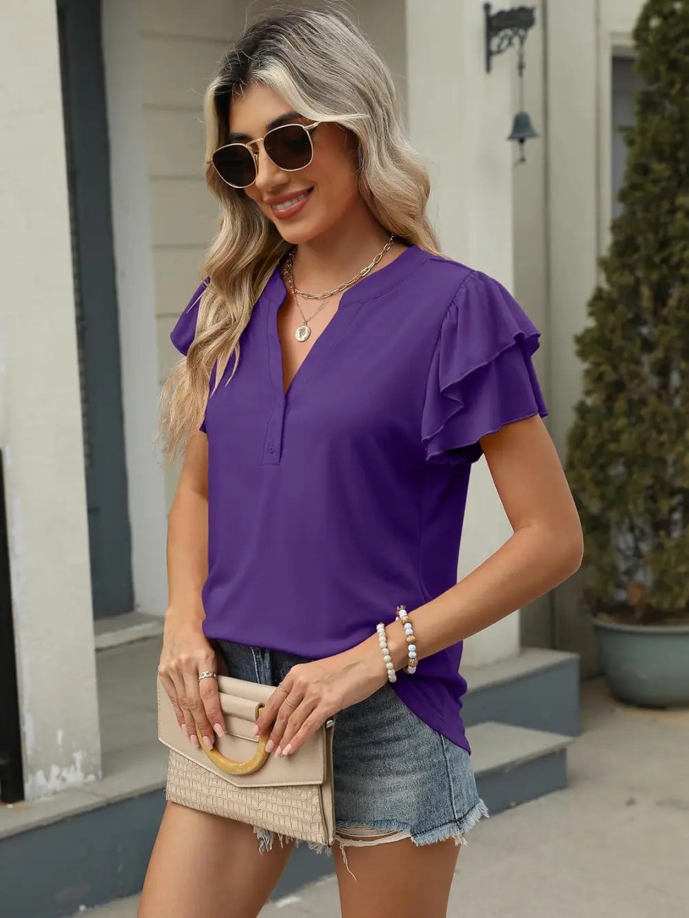 ANRABESS Womens Tops Dressy Casual Ruffle Short Sleeve V Neck Blouses Summer Button Down Business Work Elegant Shirts