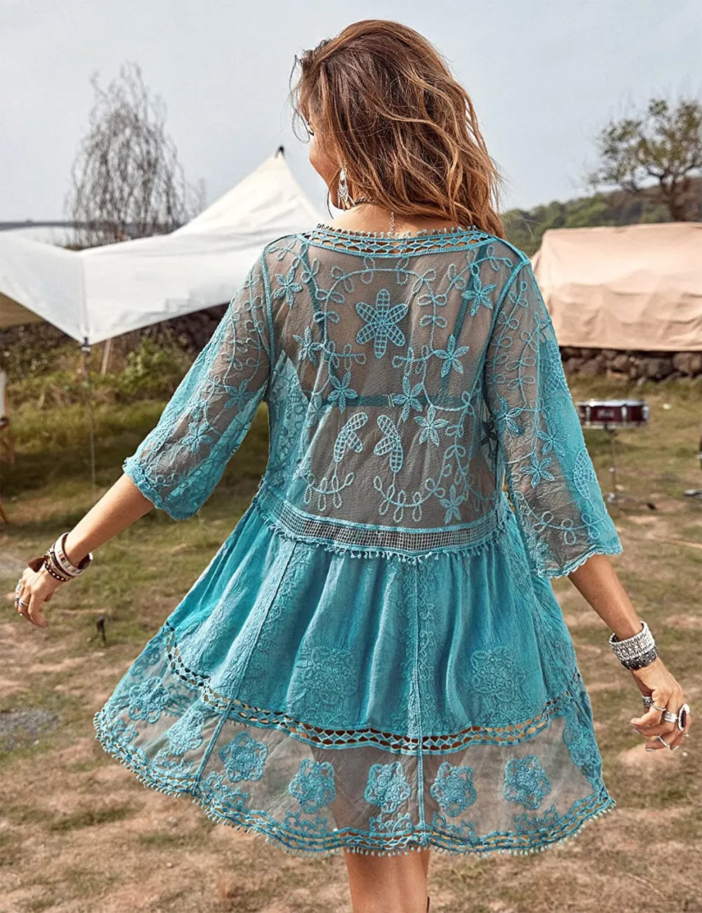 Women's Contrast Lace Bathing Suit Cover Up V-Neck Swimsuit Coverups Loose Swimwear Beach Dress Beachwear