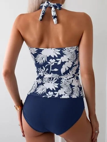 Womens Halter Ruched Tummy Control Two Piece Tankini Set