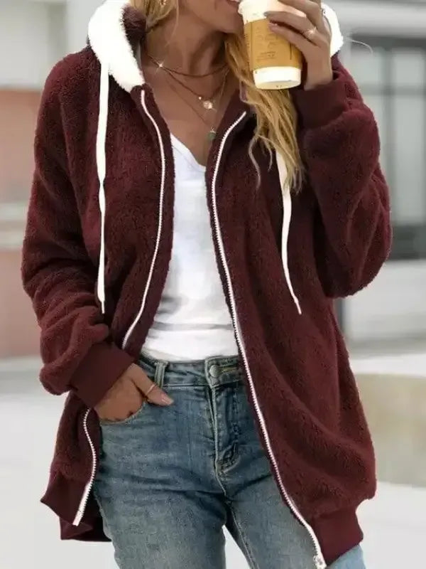 Zipper Up Drawstring Hooded Loose Plush Jacket(⚡Clearance Sale)