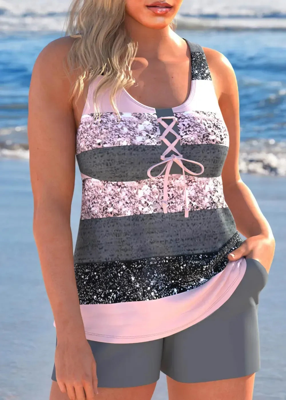 Lace Up Multi Stripe Print Grey Tankini Set