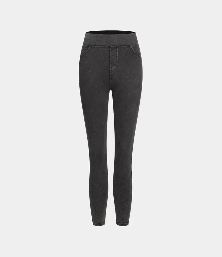 High Waisted Back Side Pocket Stretchy Knit Denim Casual Leggings