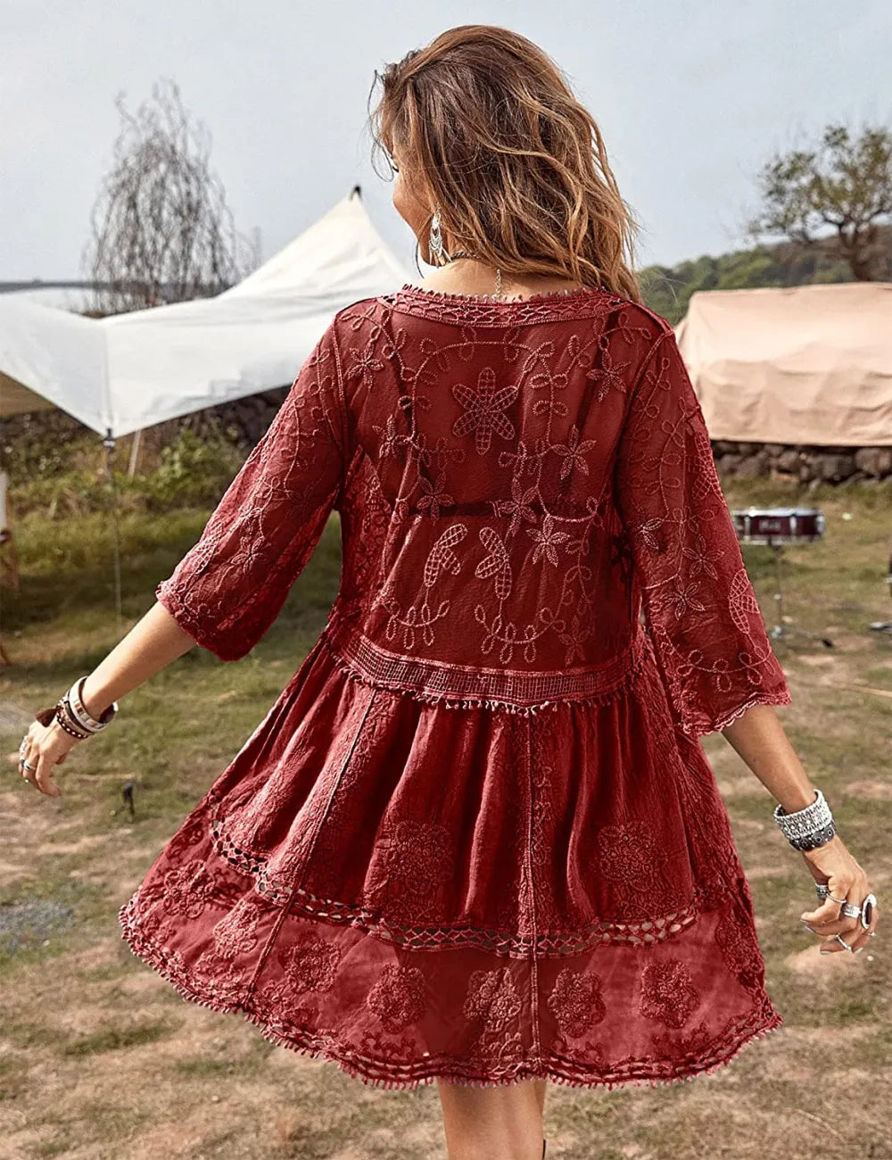 Women's Contrast Lace Bathing Suit Cover Up V-Neck Swimsuit Coverups Loose Swimwear Beach Dress Beachwear