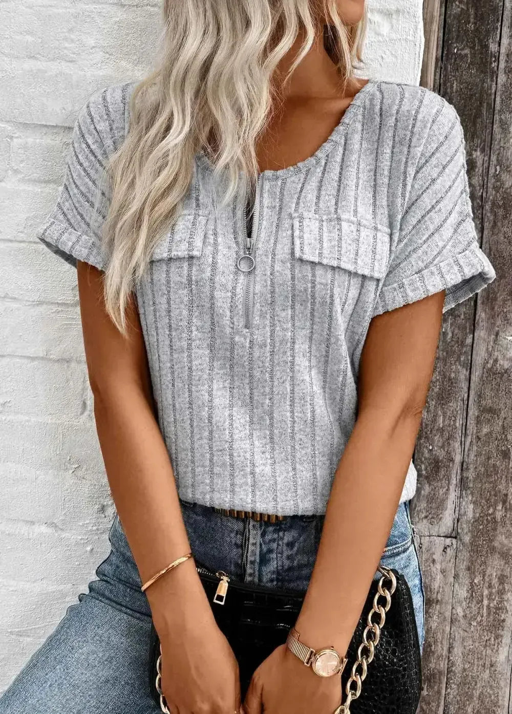 Light Grey Marl Zipper Short Sleeve V Neck Blouse