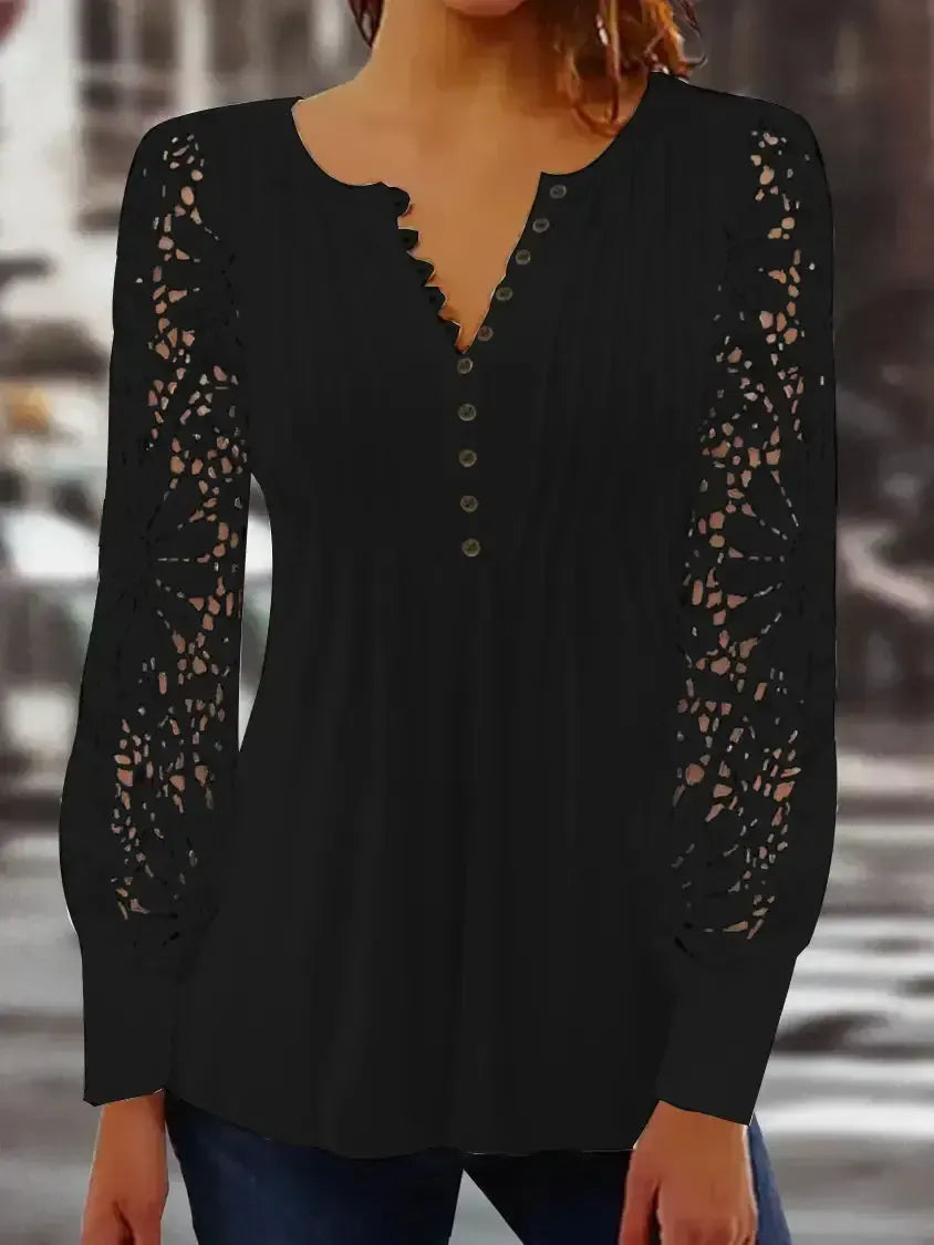 Women Long Sleeve V-neck Floral Lace Top
