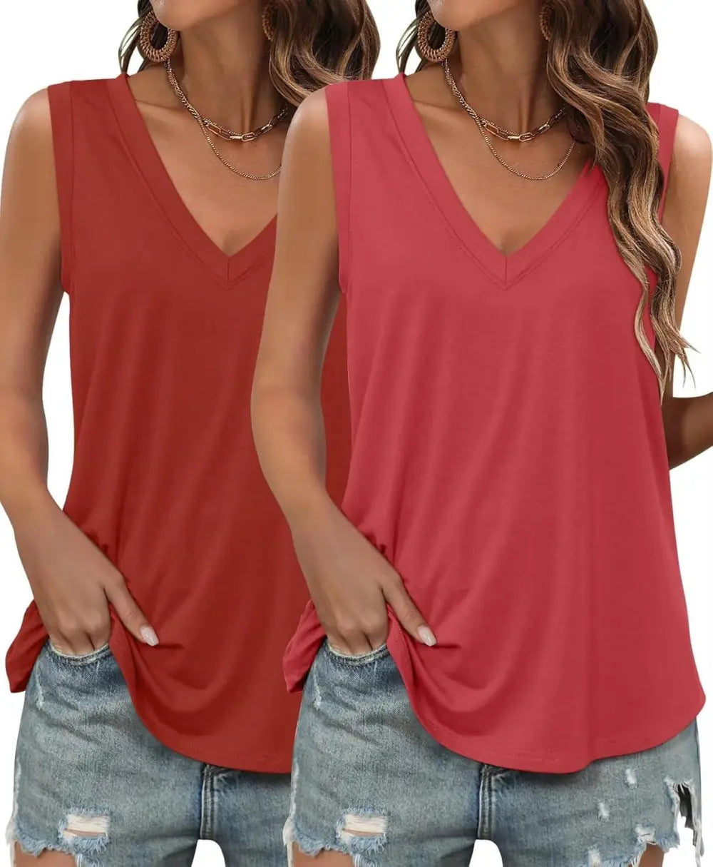 KKJ 2 Pack Womens Tank Tops Summer V Neck Sleeveless Loose Casual Blouses Beach Vacation Outfits Shirt Spring Trendy Clothes