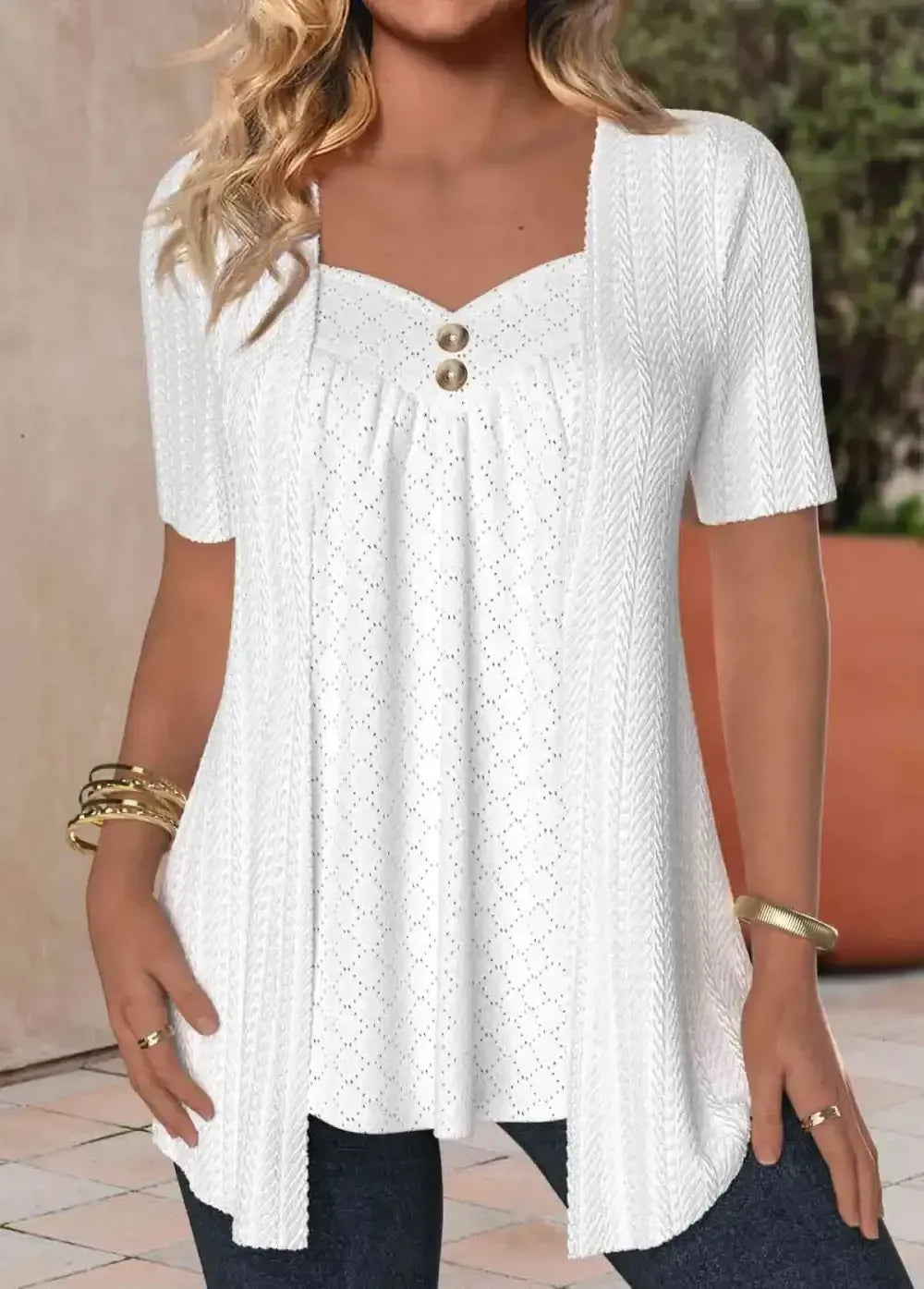 White Textured Fabric Short Sleeve Fake Two Piece Twinset