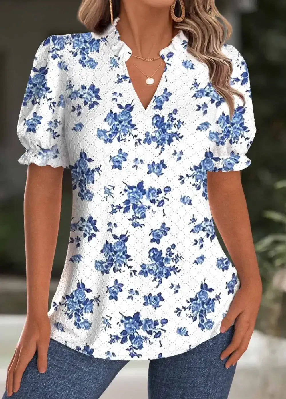 White Floral Print Short Sleeve Split Neck Blouse