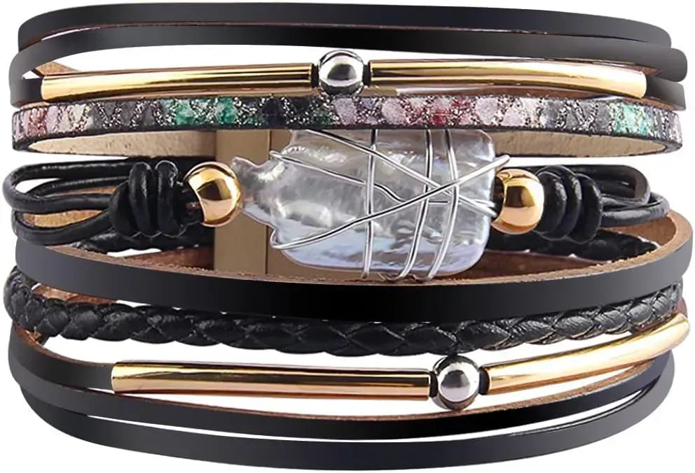 Fesciory Leather Wrap Bracelets for Women, Boho Leopard Multi-Layer Crystal Beads Cuff Bracelet Jewelry