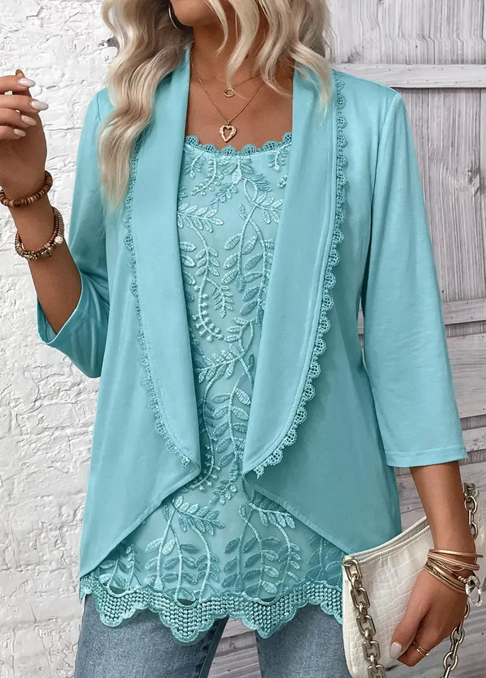 Mint Green Lace 3/4 Sleeve Square Neck T Shirt