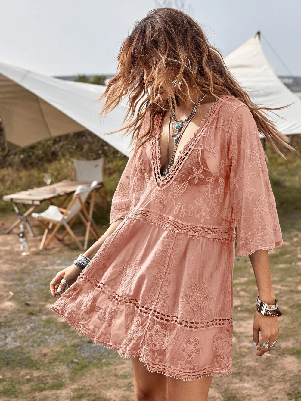 Women's Contrast Lace Bathing Suit Cover Up V-Neck Swimsuit Coverups Loose Swimwear Beach Dress Beachwear
