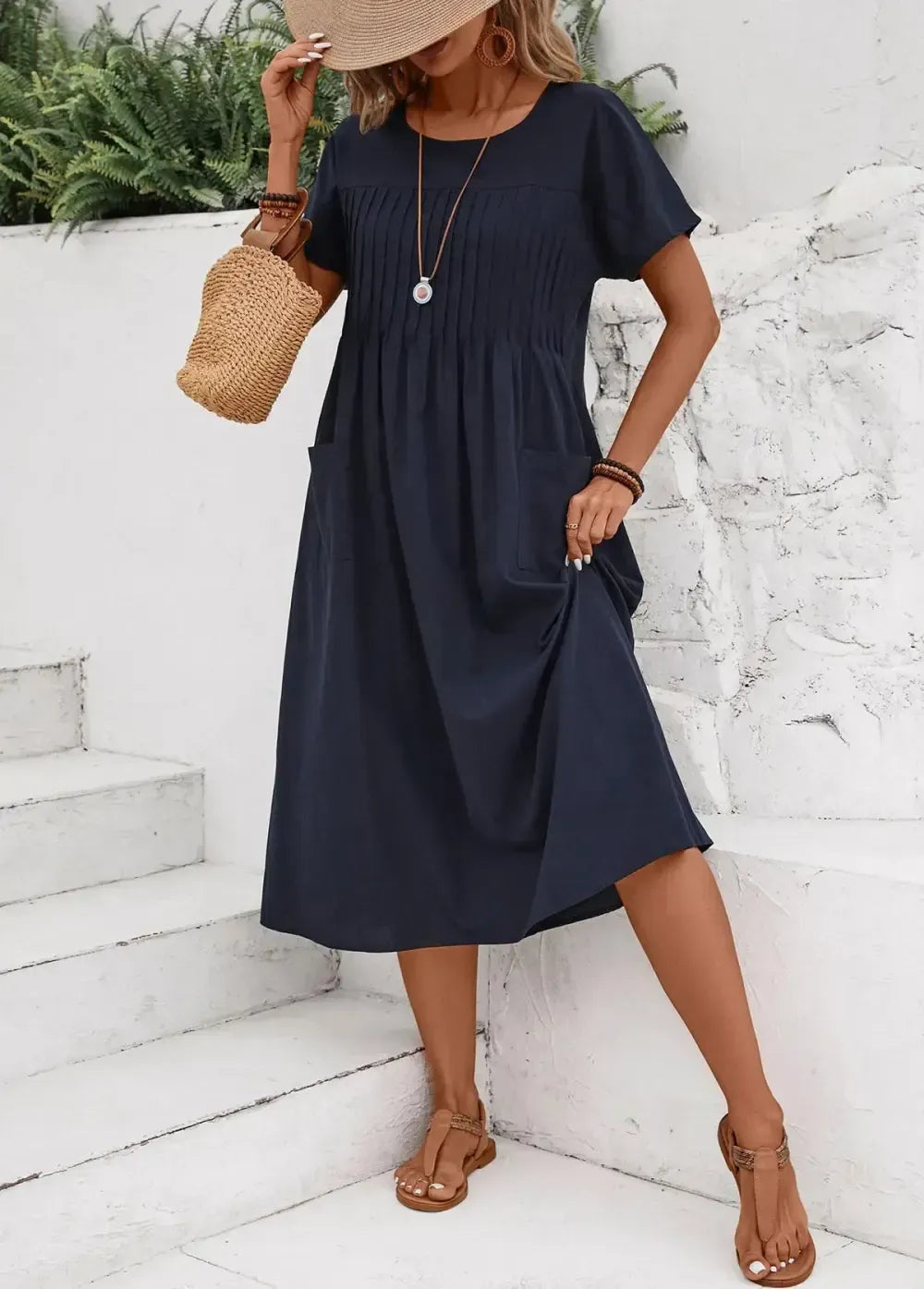 Navy Tuck Stitch Short Sleeve Round Neck Dress