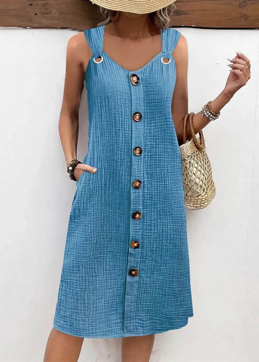 Dusty Blue Breathable A Line Sleeveless V Neck Dress