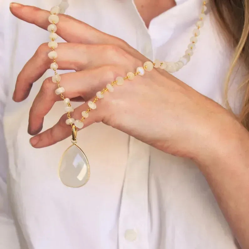 Long Necklace Moonstone Long Pendant Necklace Gold Necklace Long Stone Necklace Gemstone Statement Necklace Teardrop Long Layer Necklace