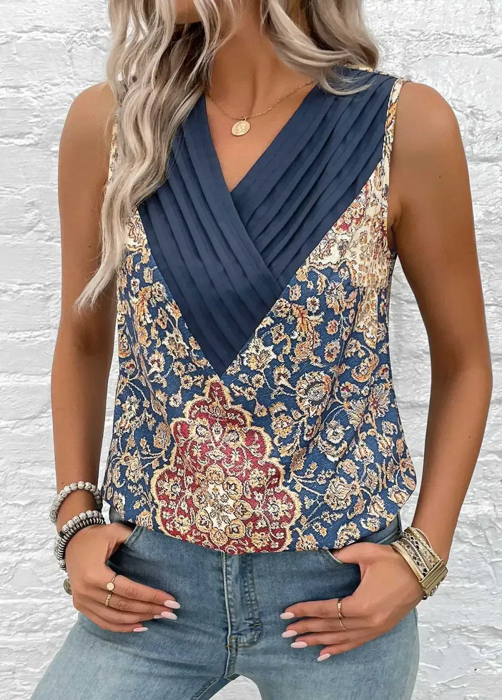 Blue Patchwork Tribal Print Sleeveless V Neck Tank Top