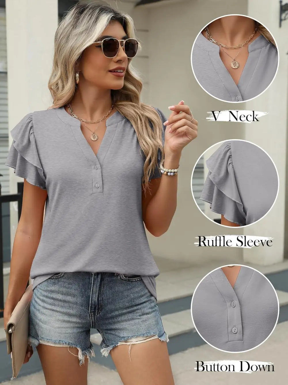 ANRABESS Womens Tops Dressy Casual Ruffle Short Sleeve V Neck Blouses Summer Button Down Business Work Elegant Shirts