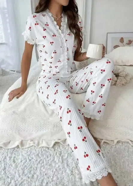 White Fruit Printing Short Sleeve Lounge Top and Pants