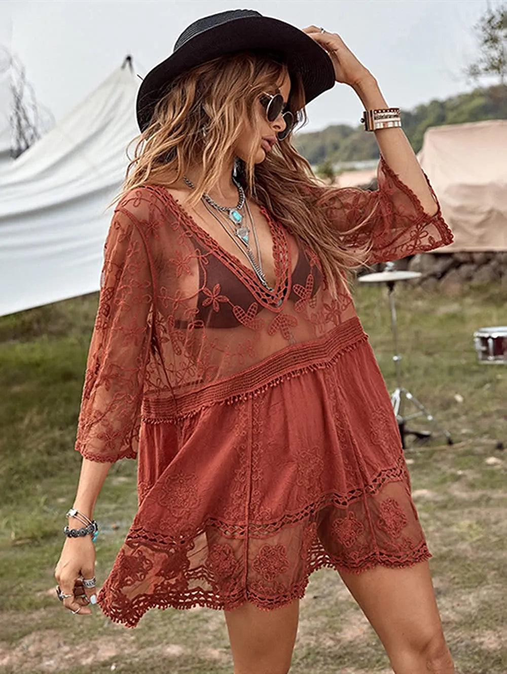Women's Contrast Lace Bathing Suit Cover Up V-Neck Swimsuit Coverups Loose Swimwear Beach Dress Beachwear