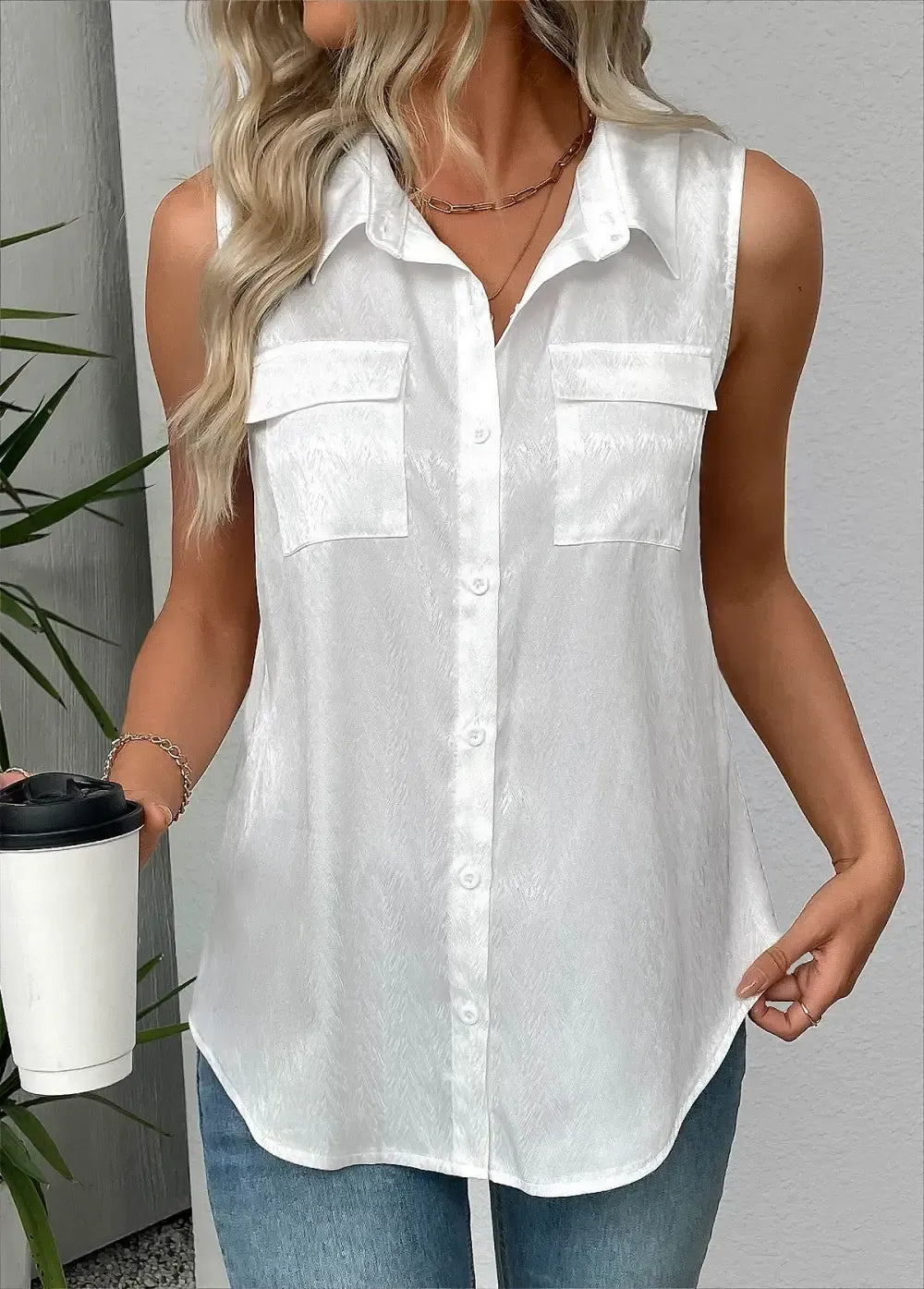 White Sleeveless Shirt Collar Tank Top