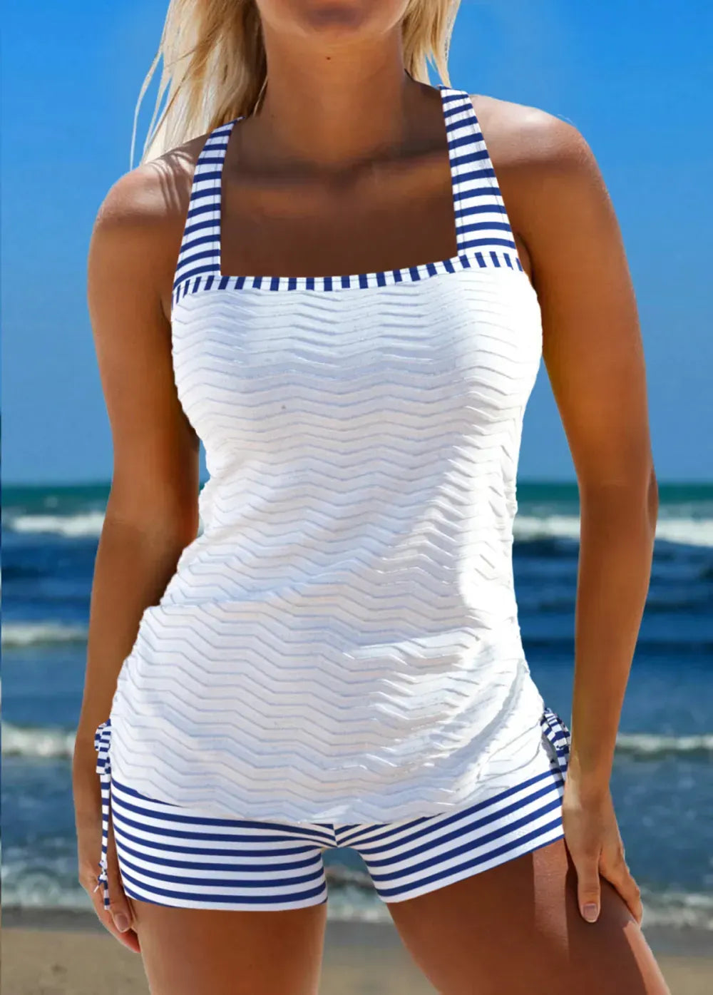 Patchwork Striped Jacquard Blue Tankini Set