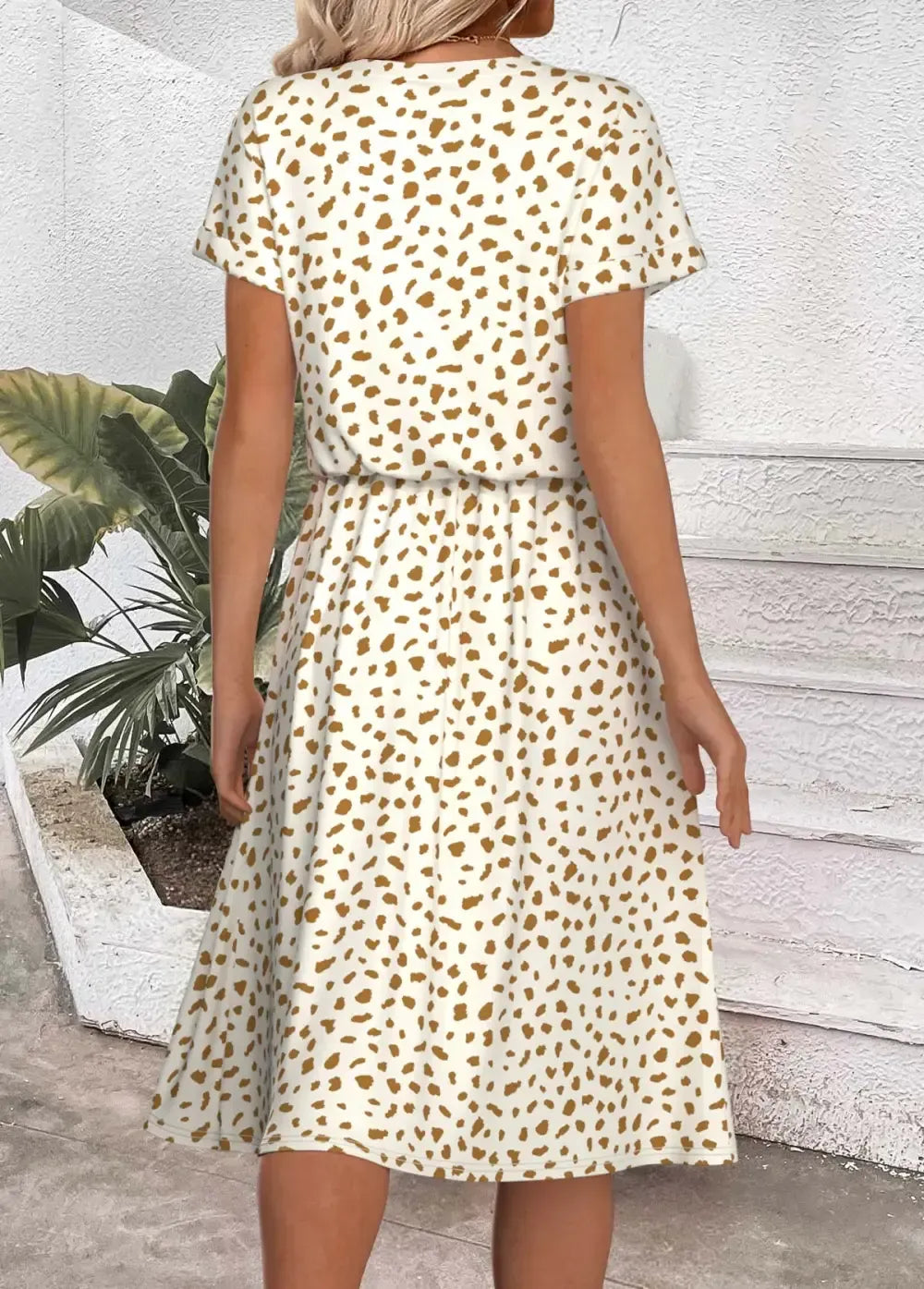 White Polka Dot Short Sleeve Split Neck Dress