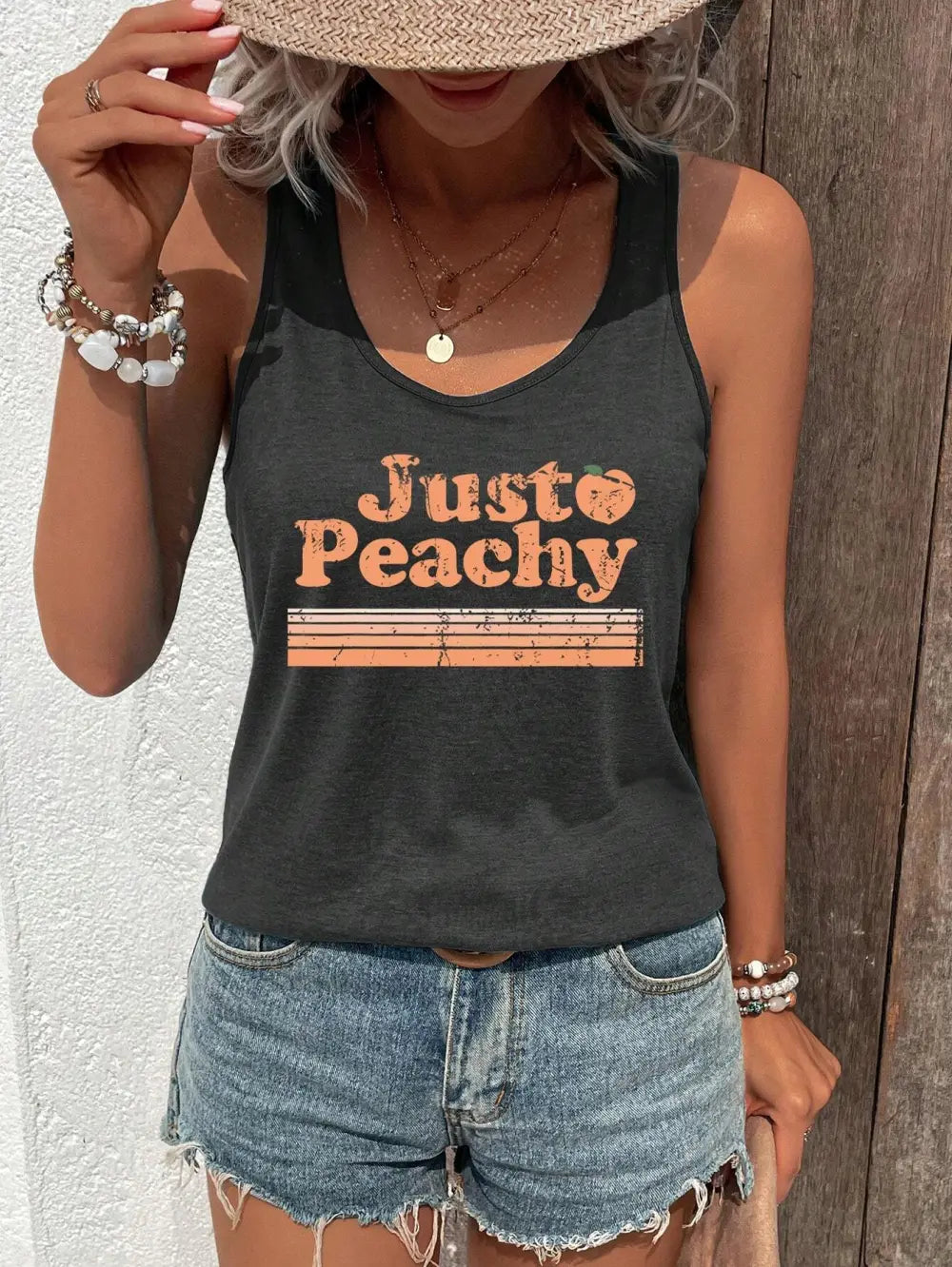 INAWLY Women Colorful Printed Sleeveless Tank Top With Words Just Peachy Graphic Tees Women Tops