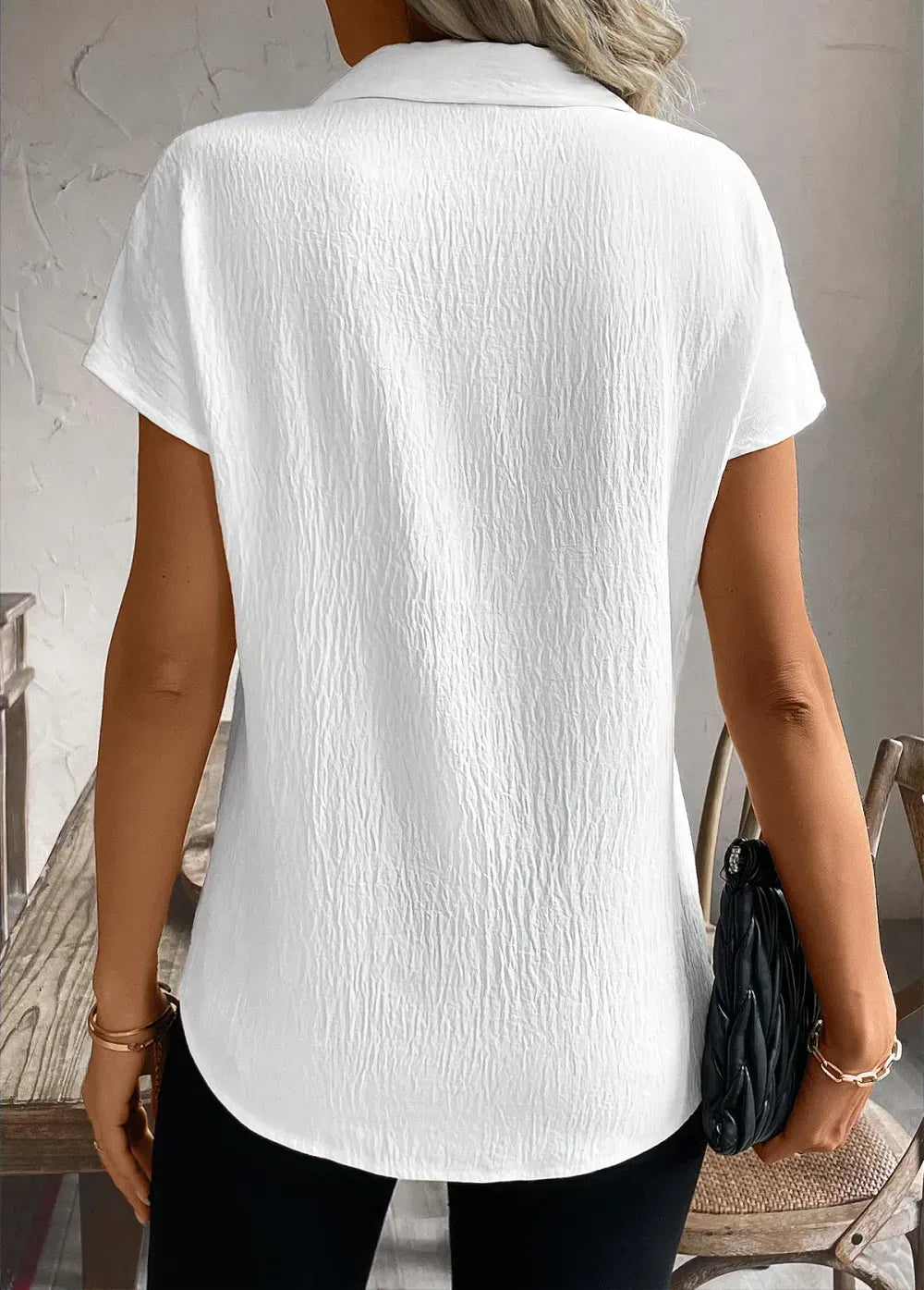 White Patchwork Short Sleeve Shirt Collar Blouse