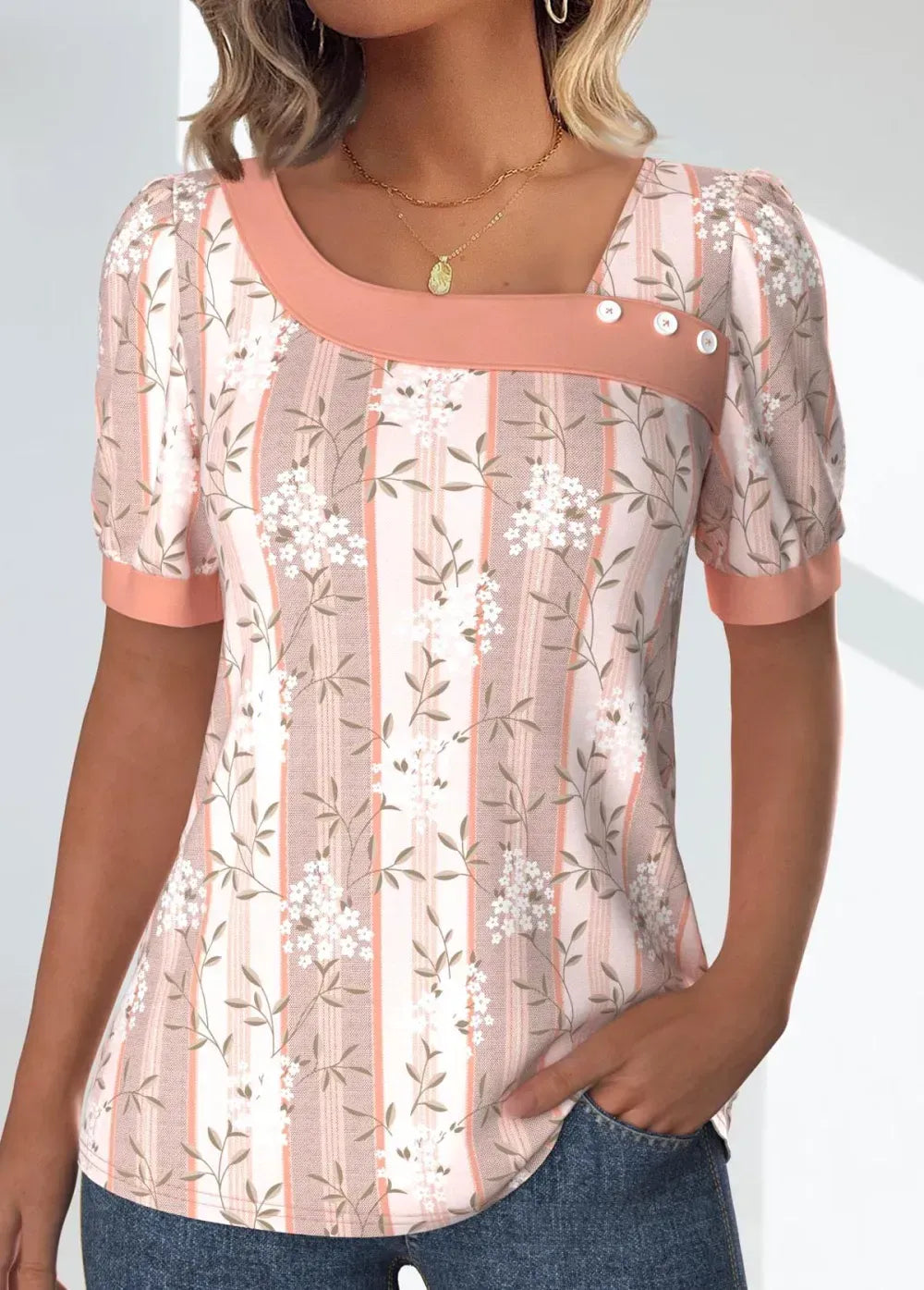 Light Pink Patchwork Floral Print Short Sleeve T Shirt