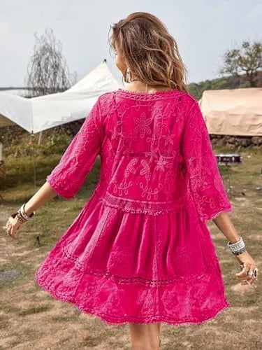 Women's Contrast Lace Bathing Suit Cover Up V-Neck Swimsuit Coverups Loose Swimwear Beach Dress Beachwear