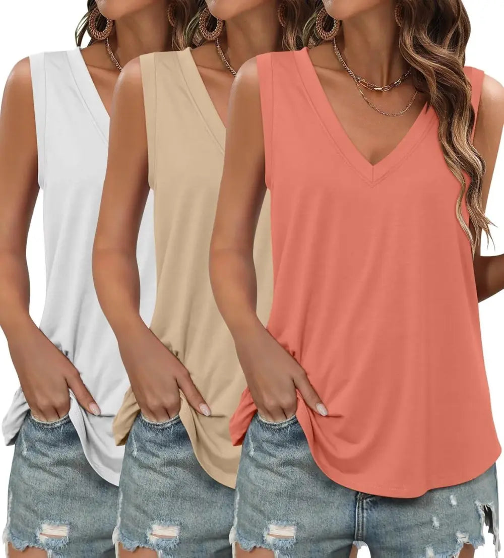 KKJ 3 Pack Womens Tank Tops Summer Beach Vacation Outfits V Neck Loose Sleeveless Blouses Casual Shirt Spring Fashion Clothes
