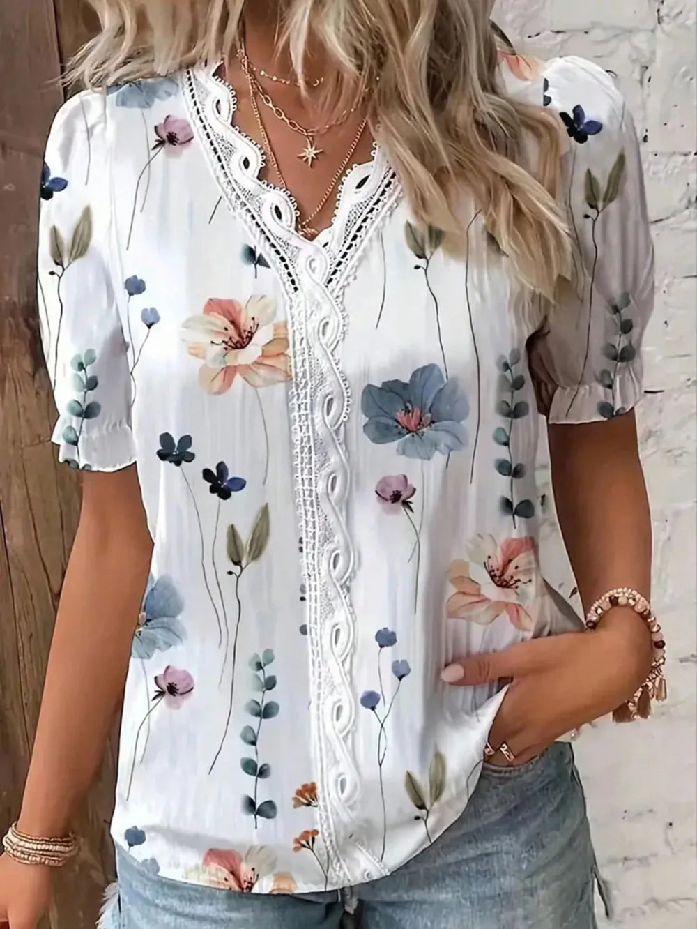 Women's Vacation Leisure Floral Print Contrast Lace Puff Sleeve Shirt,Short Sleeve Tops