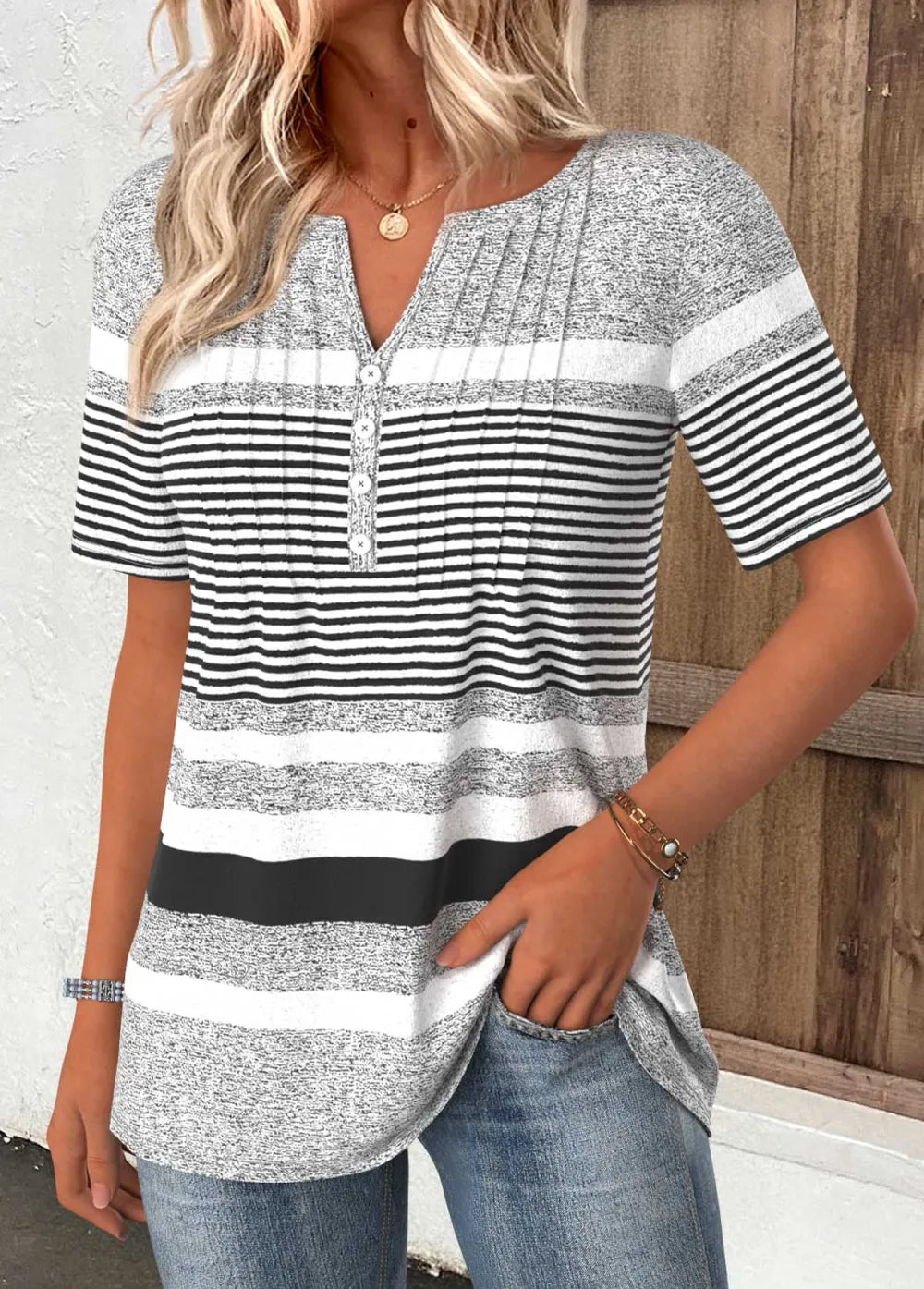 Light Grey Marl Striped Short Sleeve T Shirt