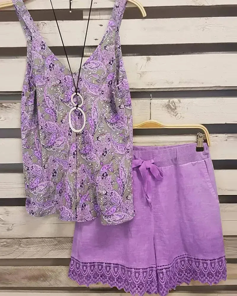 Floral Print V Neck Sleeveless Two Piece Suit