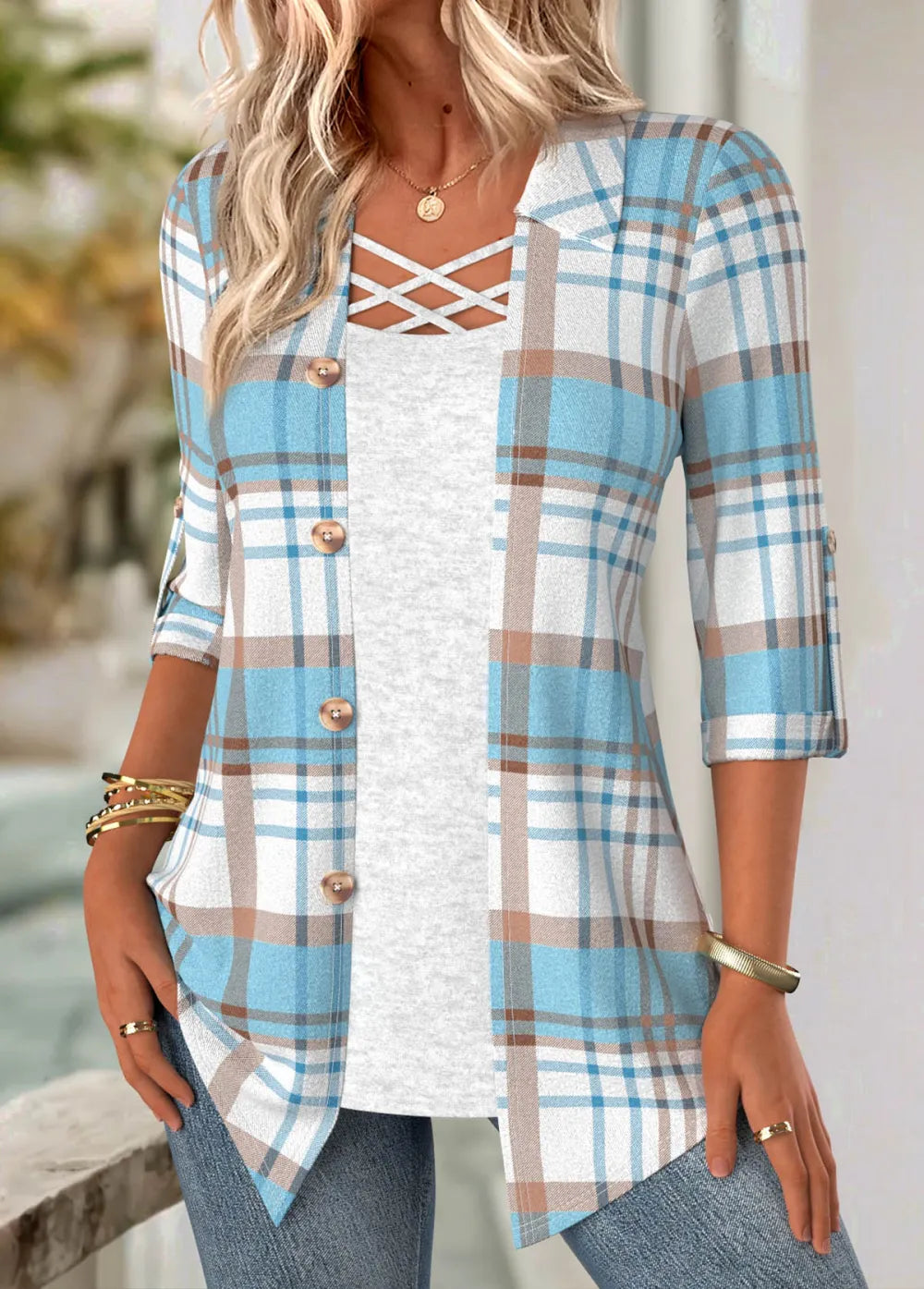 Multi Color Plaid 3/4 Sleeve Fake Two Piece Twinset