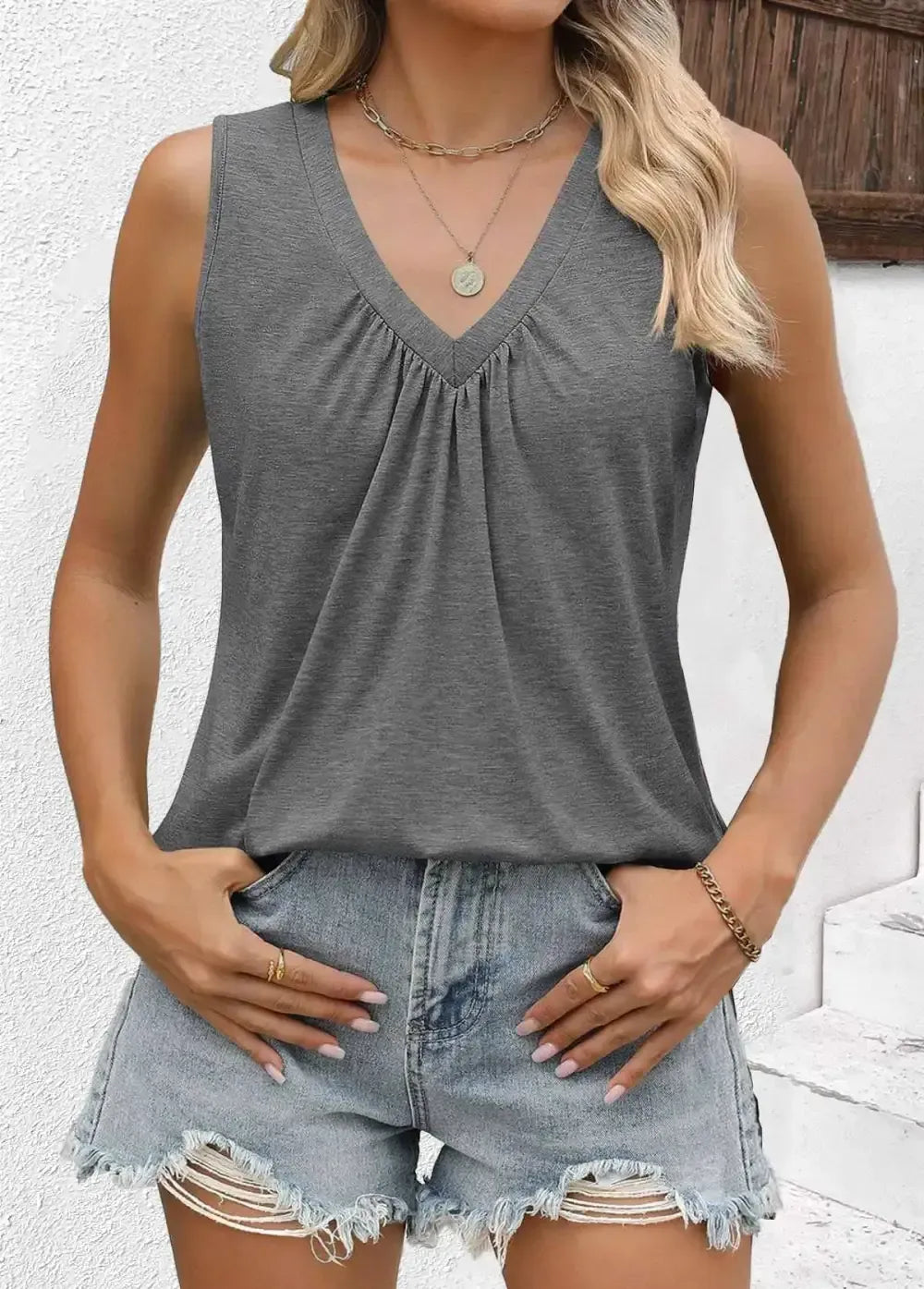 Grey Sleeveless V Neck Tank Top