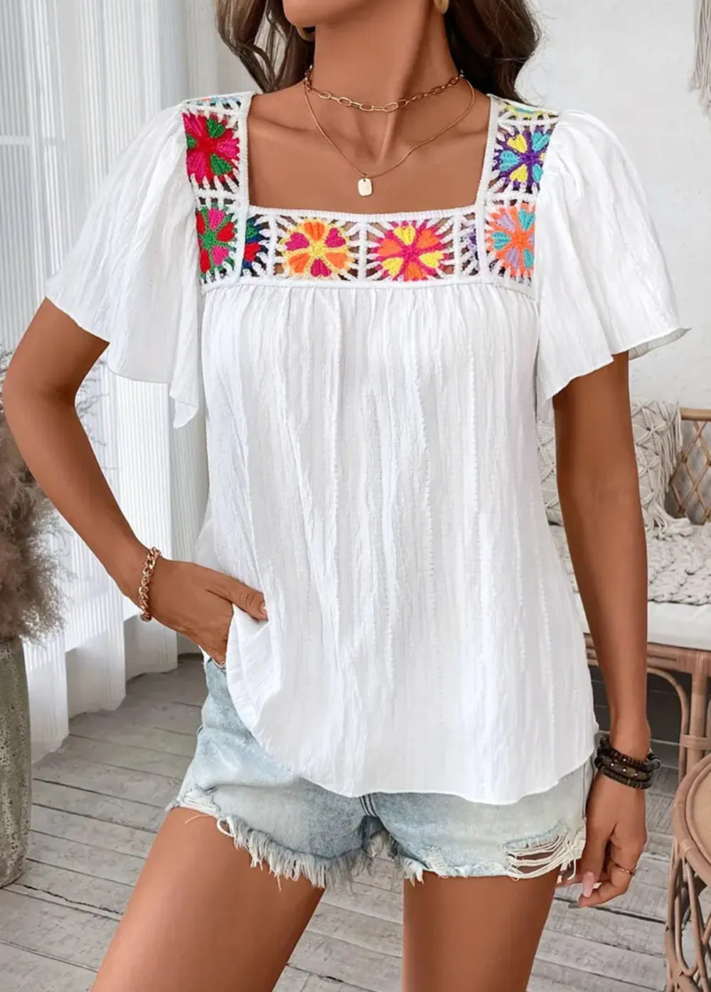 Raw White Patchwork Short Sleeve Square Neck T Shirt