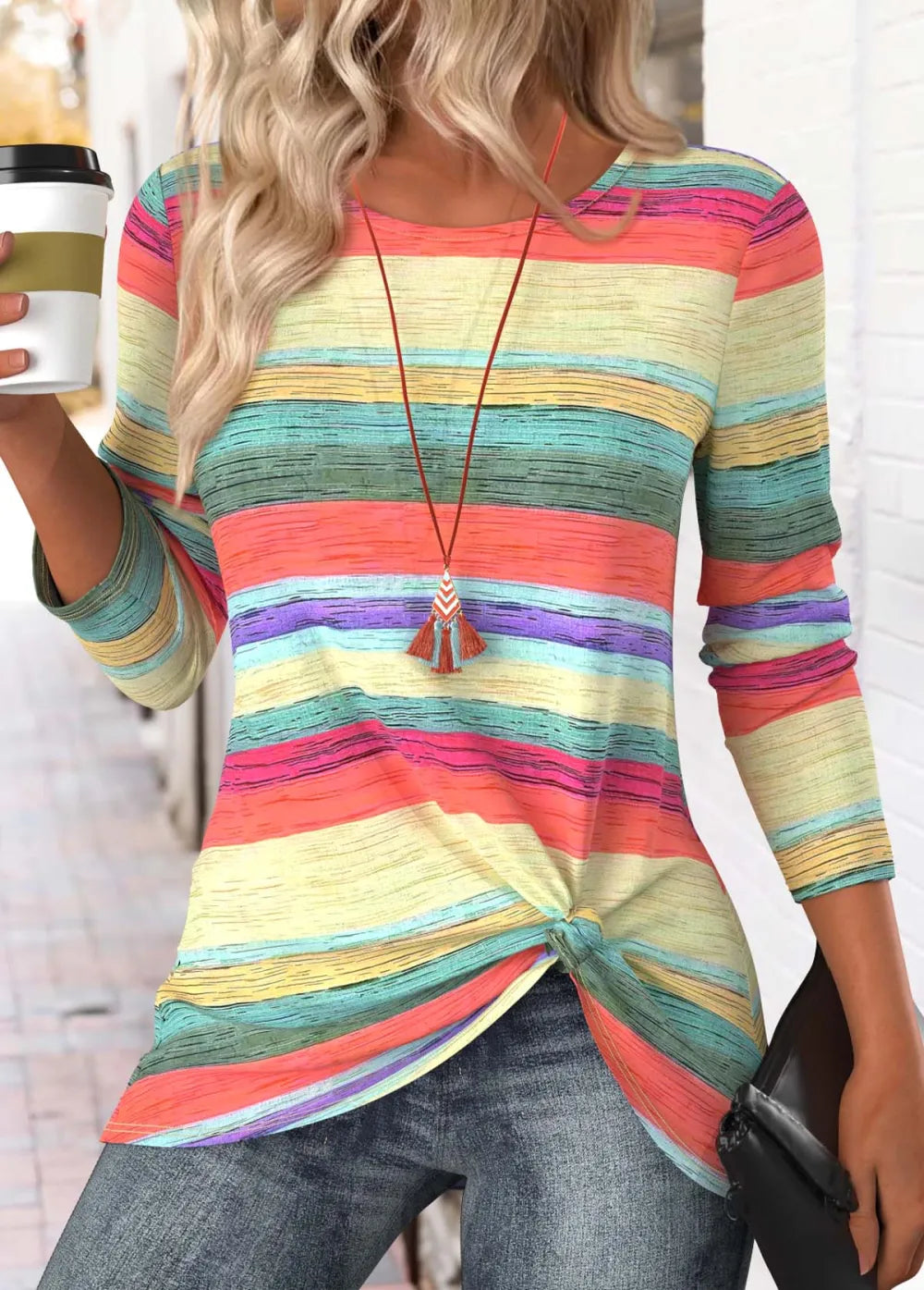 Multi Color Striped Long Sleeve Round Neck T Shirt